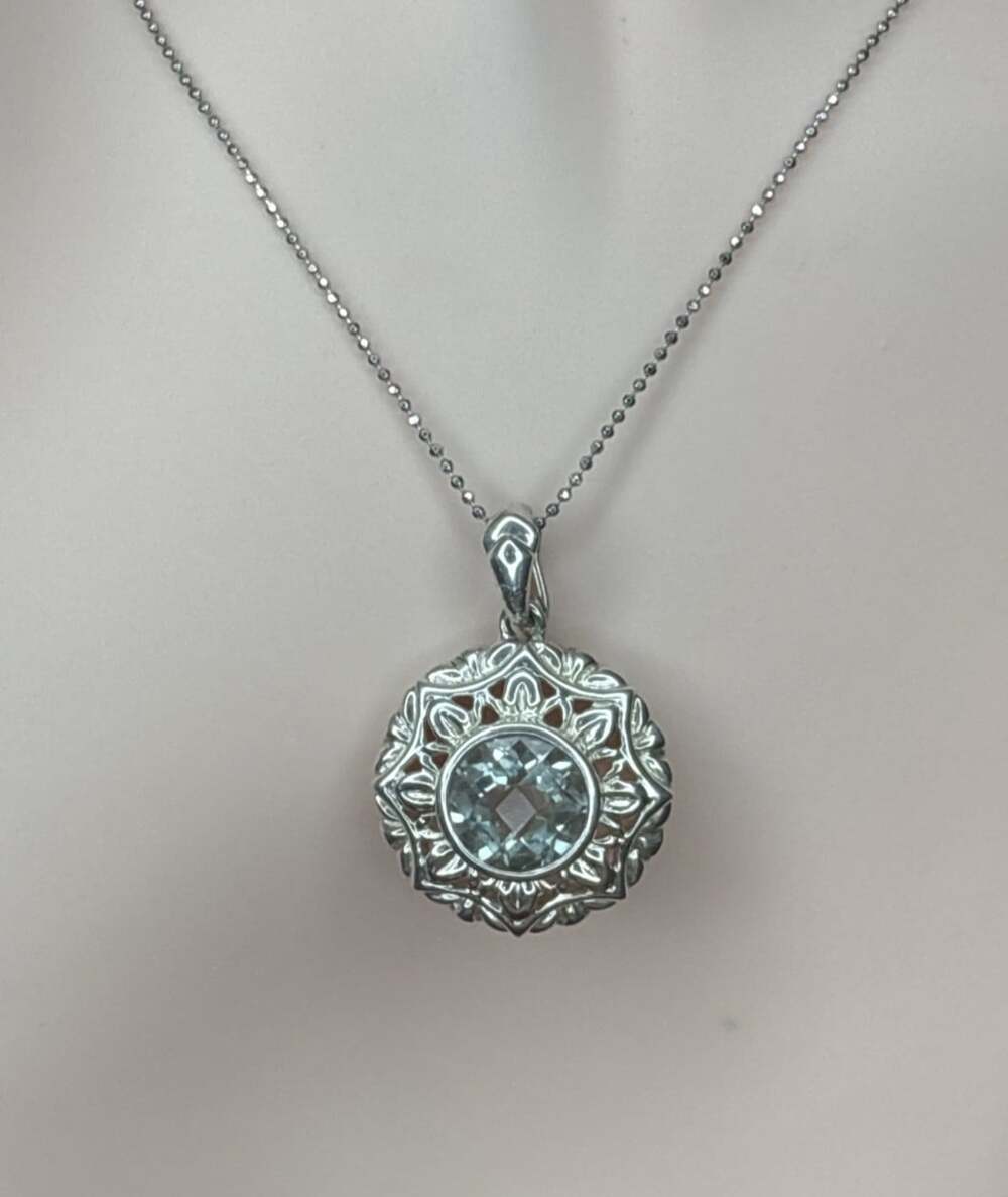 Genuine Blue Topaz Sterling Silver 925 Pendant Round 18" DIamond Cut Ball Chain